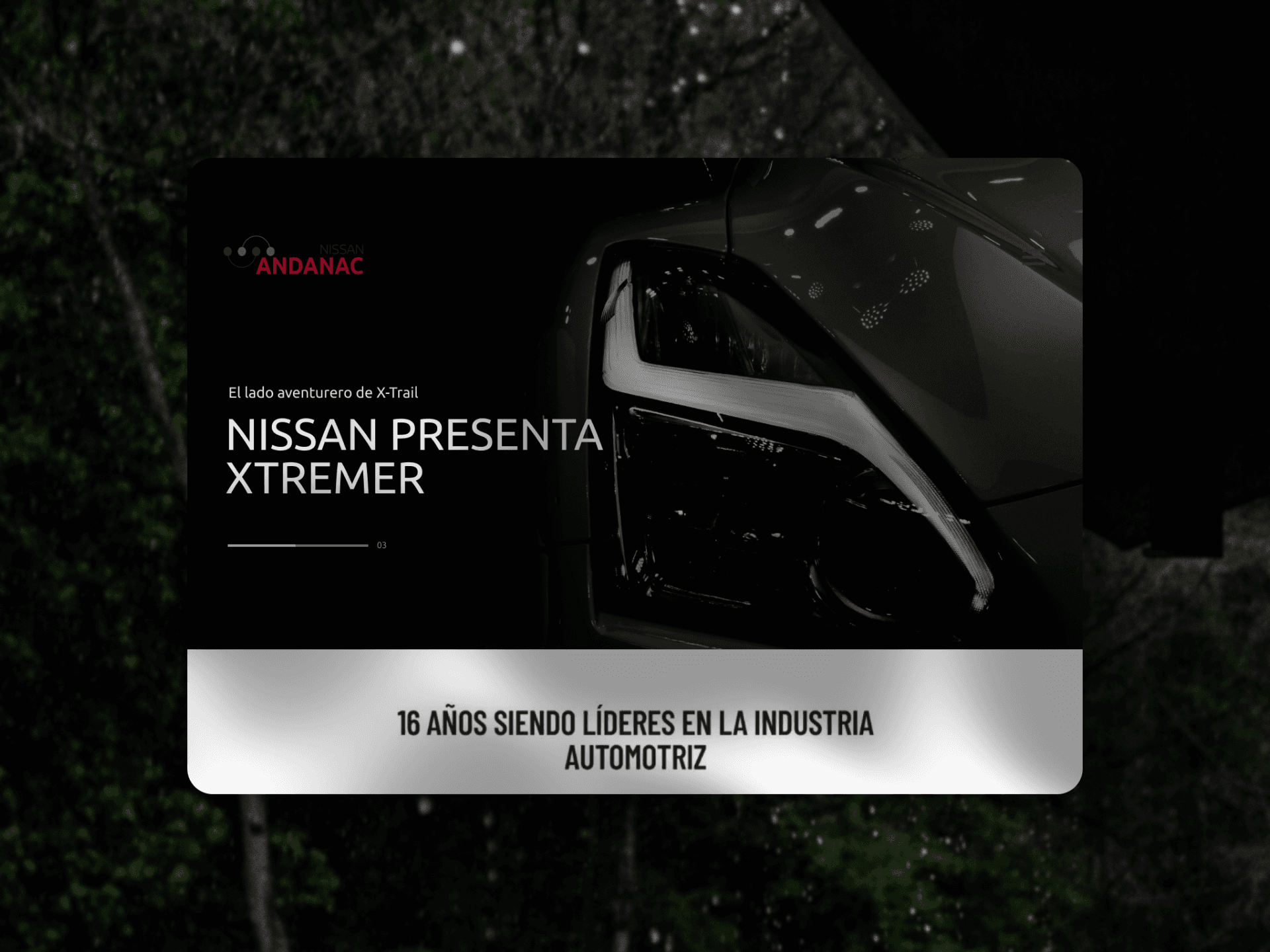 Andanac web page for Nissan headed "Nissan presenta Xtremer" over a close-up of an X-Trail headlight, with a banner reading "16 años siendo líderes en la industria automotriz"