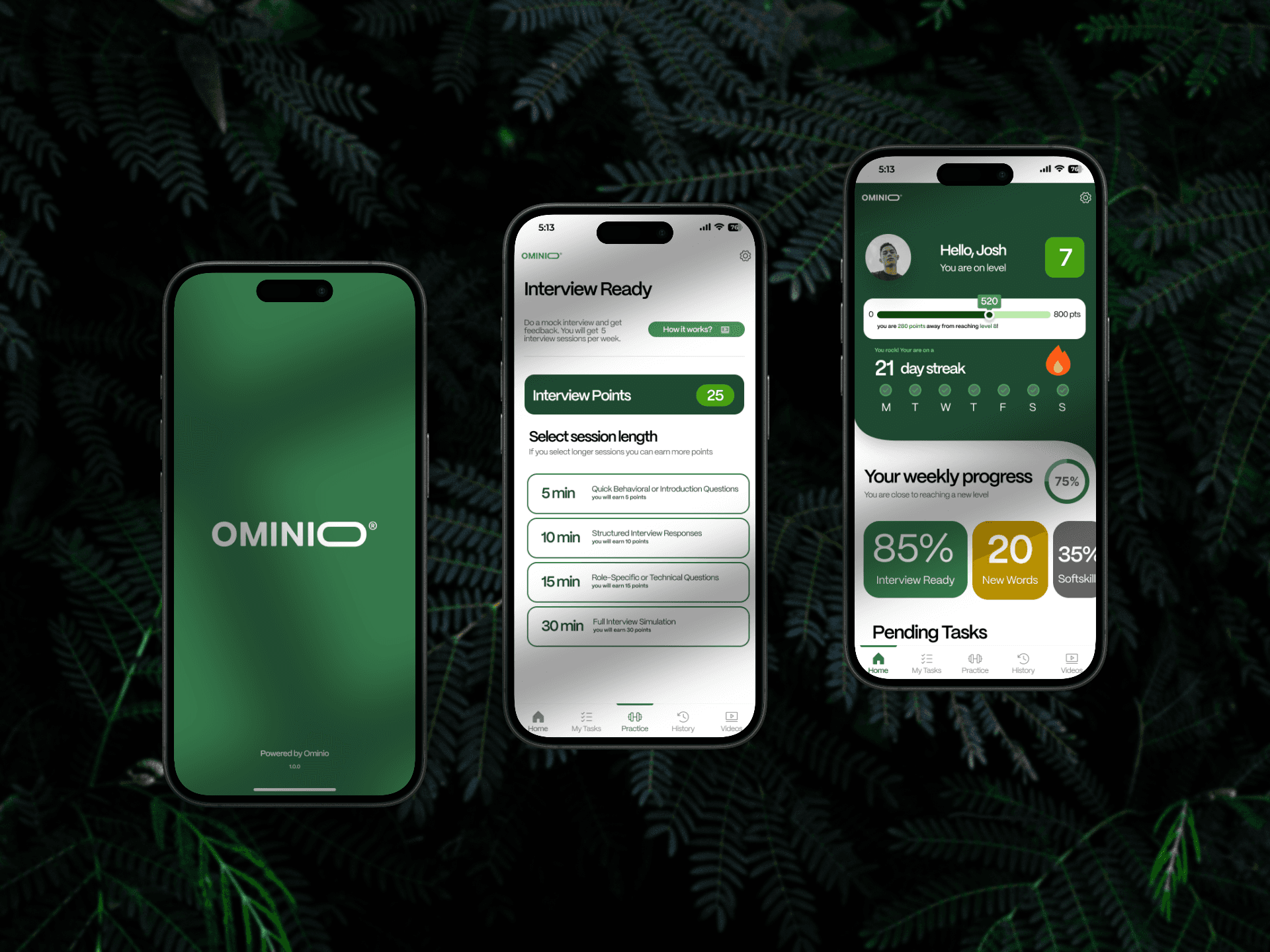 Three Ominio phone screens: a green splash screen, an "Interview Ready" page offering 5 to 30 minute mock interview sessions, and a home screen with a level badge, a 21-day streak and weekly progress figures